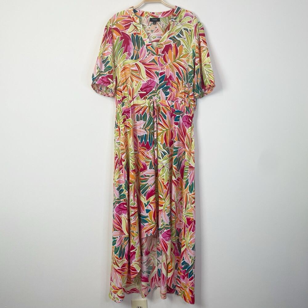 MSK Floral Palm Leaf Print Hi Low Dress Size Large Tropical Vacation Resort Boho